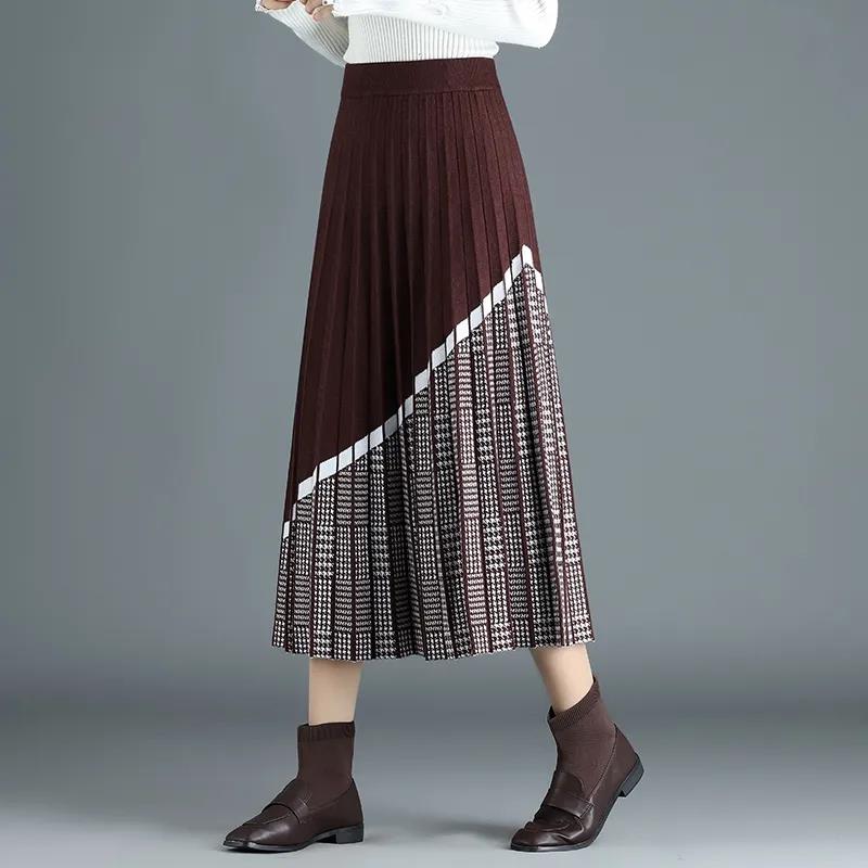 Women's Knitted Skirt Autumn and Winter Thick Retro Knit A-line Skirt High Waist Long Knitted Pleated Skirt Thousand Island Grid Stitching