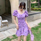 French First Love Butterfly Sweet Little Purple Print Puff Sleeve Fishtail Dress Summer