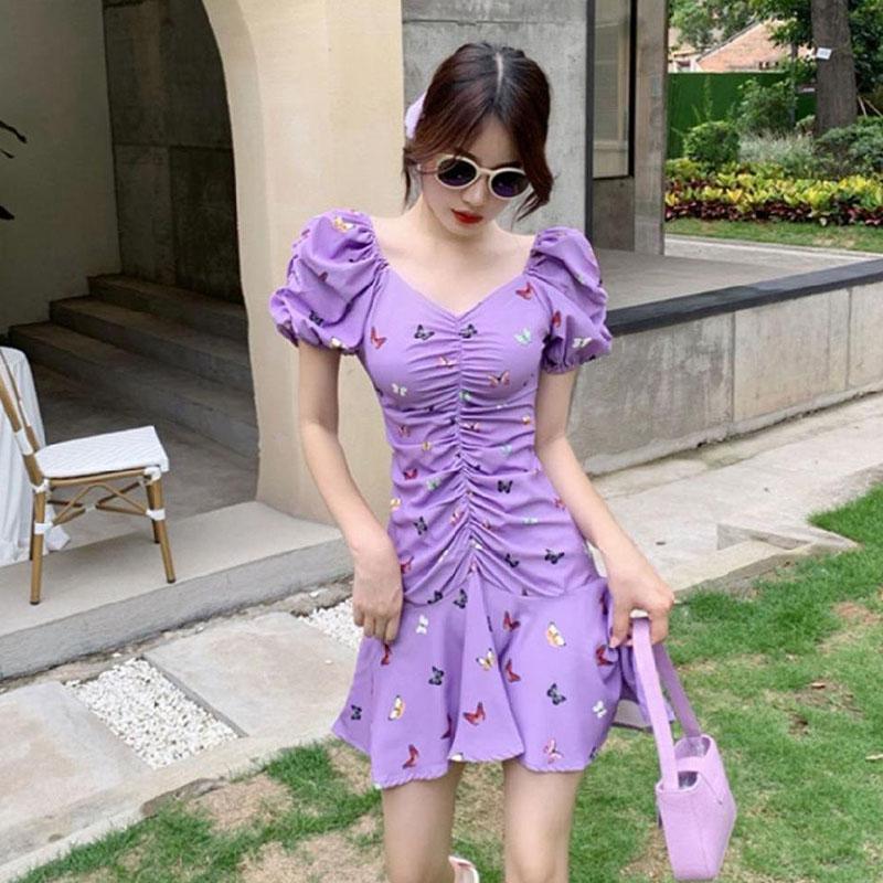 French First Love Butterfly Sweet Little Purple Print Puff Sleeve Fishtail Dress Summer