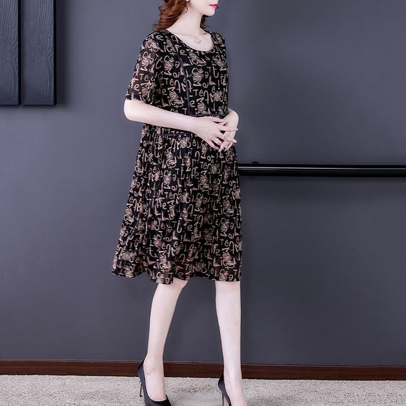 Plus Size Women's Clothes Covering Belly To Show Thin Mesh Print Mid Length Dress Round Neck Short Sleeve Casual Loose Dress