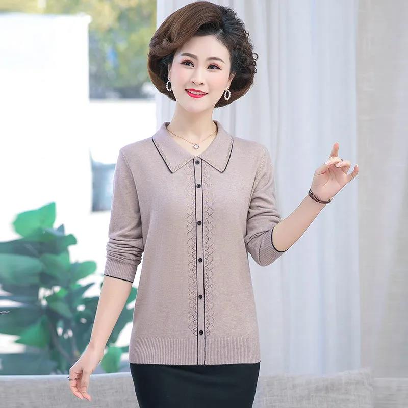 Solid Color Lapel Long Sleeve Sweater Fashion Print Short Pullover Knit Loose Casual Plus Size Women's Sweater
