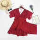Plus Size Swimsuit Women's Solid Color Lace V-neck Tie Pleated Swimwear with Chest Pad Sexy Backless Beachwear Belly Cover Skirt Separate Swimsuit