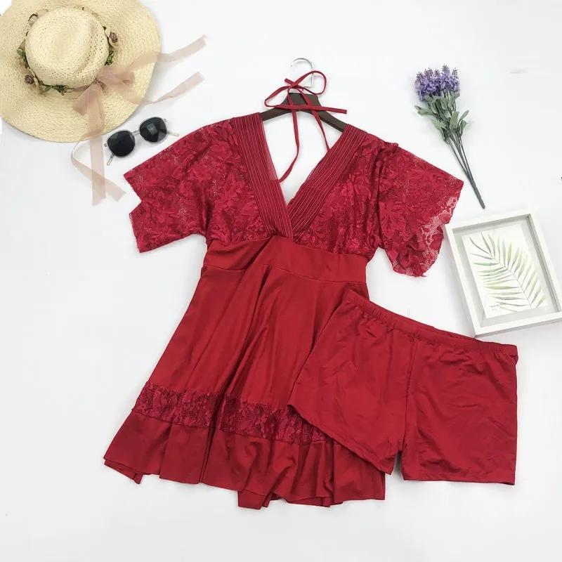 Plus Size Swimsuit Women's Solid Color Lace V-neck Tie Pleated Swimwear with Chest Pad Sexy Backless Beachwear Belly Cover Skirt Separate Swimsuit