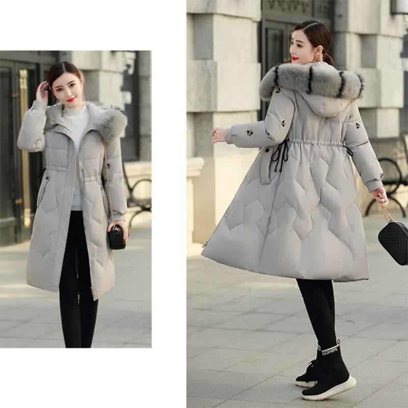 Women's Solid Color Embroidered Down Jacket Mid-length Korean Style Loose Thick Coat Warm Cotton Coat Large Fur Collar Winter Quilted Jacket