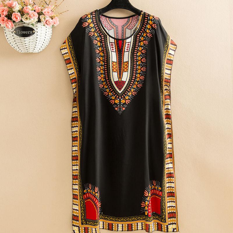 Summer Ethnic Print Dress Round Neck Cotton and Linen short  Sleeve Loose Mid-length Vest Skirt Daily Thin