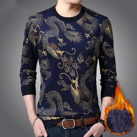 WTEMPO Thermal Pullover Cashmere Padded Shirt Dragon Print Shirt Winter Soft and Comfortable Pullover for Men
