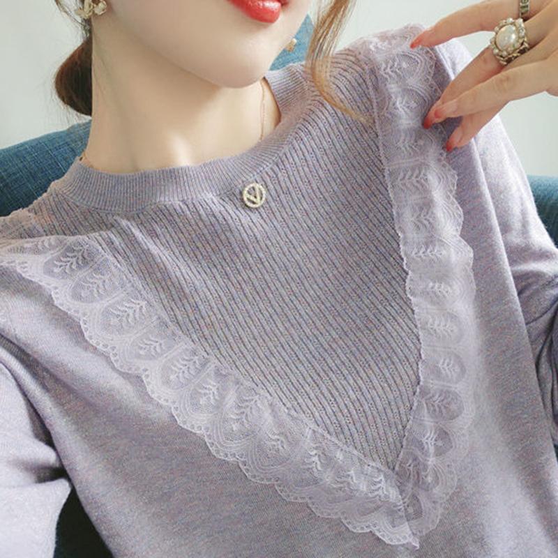 Autumn Casual Fashion All-match Round Neck Pullover Knitted Sweater Temperament Small Shirt Top Sleeves