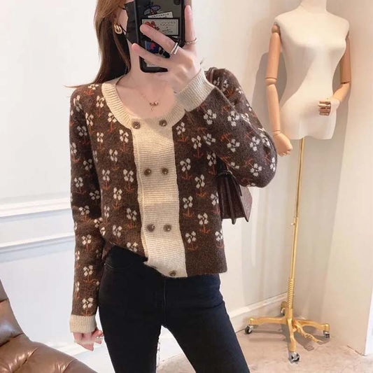 2021 Spring and Autumn Women's New Cardigan Korean Fashion Double-breasted Jacquard Contrast Color Women's Long-sleeved Sweater