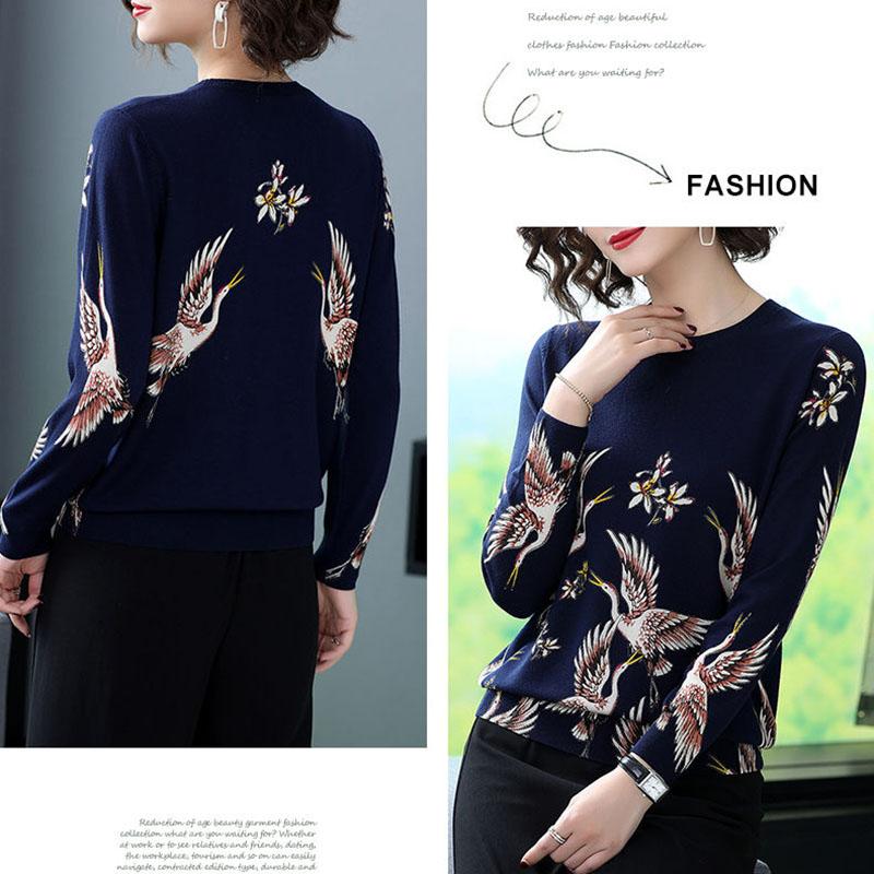 Women's Plus Size Knit Sweater Vintage Printed Cashmere Sweater Female High-end O-Neck Woolen Sweater Outwear Jacquard Weave Pullover Warm Jumper Top