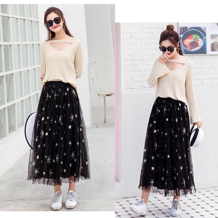 Spring Summer Vintage Skirt Womens Elastic High Waist Tulle Skirts Long Pleated Mesh Skirt