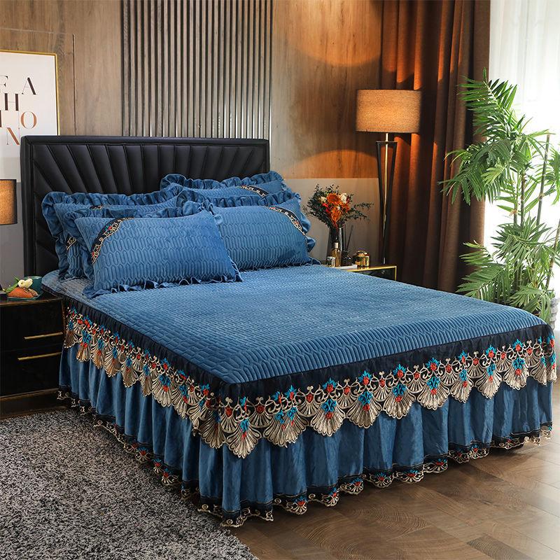 3pcs/set Crystal Velvet Padded Bed Skirt Lace Autumn and Winter Sheets European-style Simmons Protective Cover