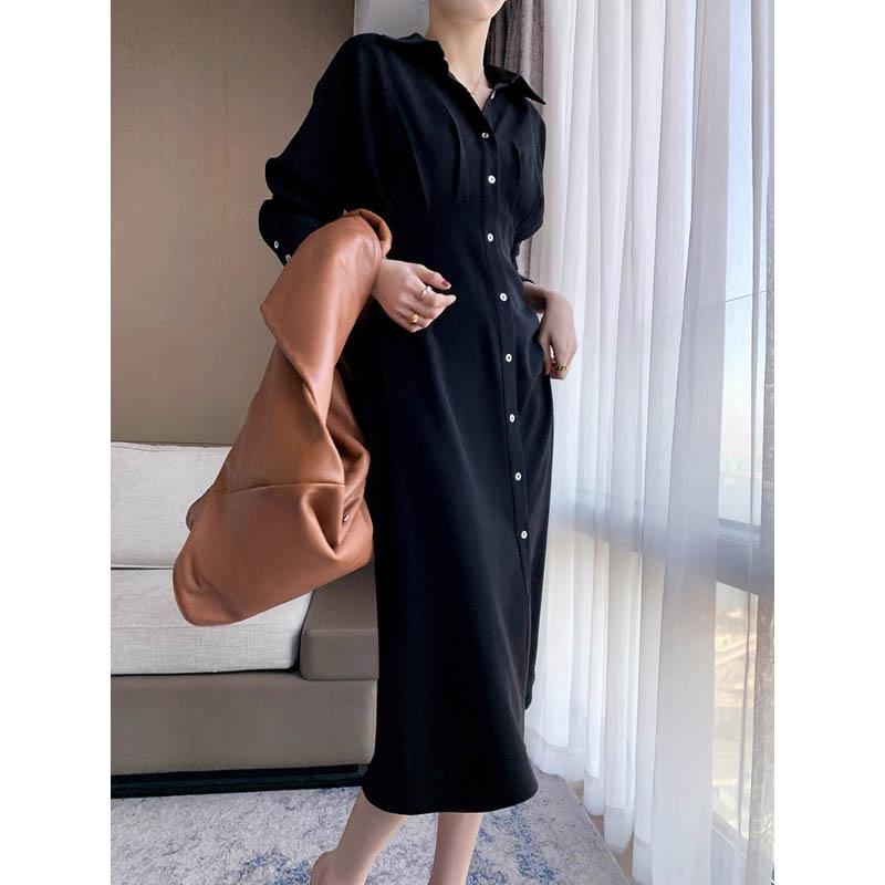 Spring Summer White Shirt Dress Cardigan Niche Waist Waist Was Thin A-line Long Skirt Women
