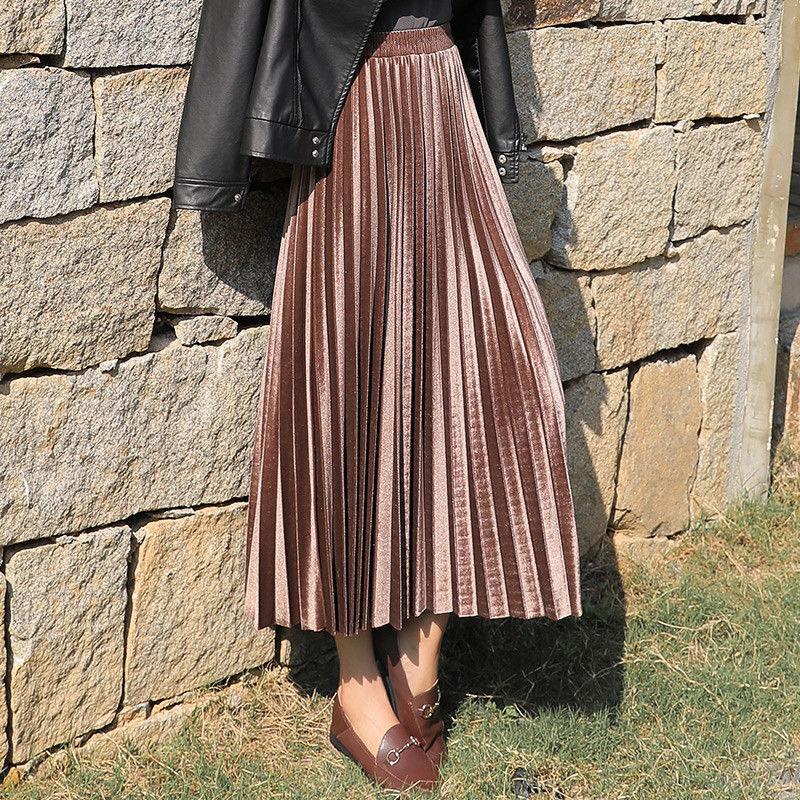 Velvet Pleated Skirt Women's High-waisted Skirts Mid-length Thin Long Skirts Temperament A-line Skirts Elastic Waist