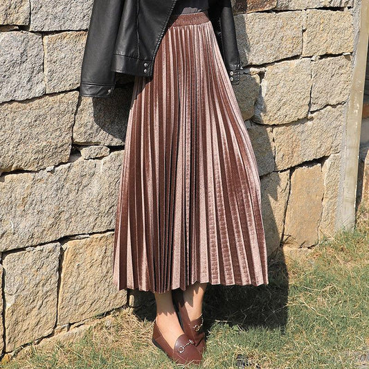 Velvet Pleated Skirt Women's High-waisted Skirts Mid-length Thin Long Skirts Temperament A-line Skirts Elastic Waist