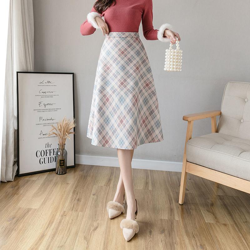 Autumn and Winter New High-waist Woolen Plaid Skirt Women's Mid-length A-line Large Skirt Over-the-knee Umbrella Skirt Autumn