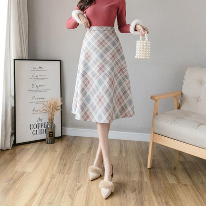 Autumn and Winter New High-waist Woolen Plaid Skirt Women's Mid-length A-line Large Skirt Over-the-knee Umbrella Skirt Autumn