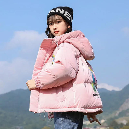 Girls' Winter Warm Down Jacket Glossy Disposable Cotton Clothes Short Padded Windproof Hooded Jacket