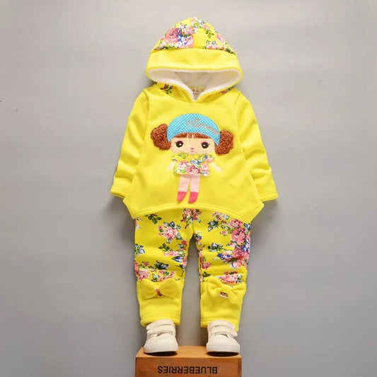 Girls Autumn and Winter Print Explosive Head Pattern Plus Velvet Suit To Keep Warm Children's Two-piece Long-sleeved Gold Mink Velvet Jacket