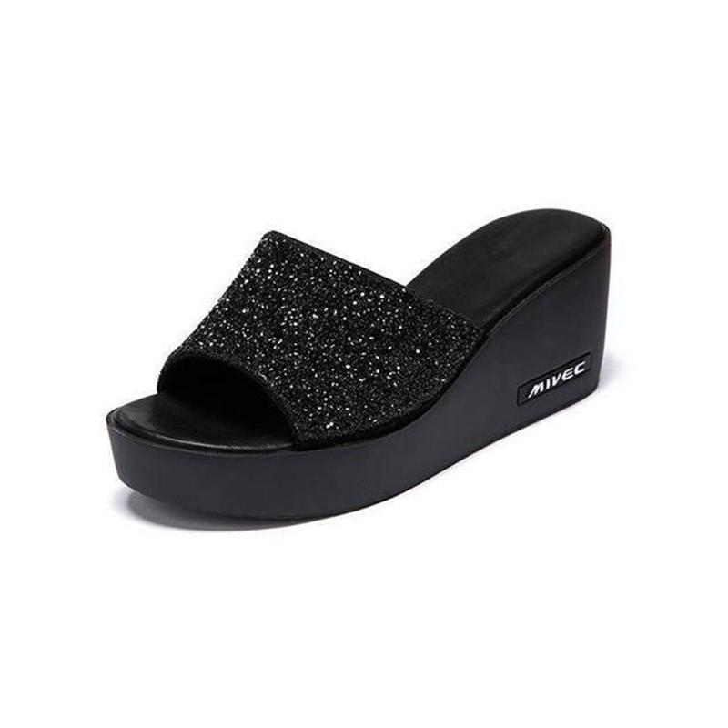 Outer Wear Thick-soled Ladies Wedge Sandals High-heeled Flip-flops Platform Shoes Black Sequined Fish Mouth High-heeled Sandals