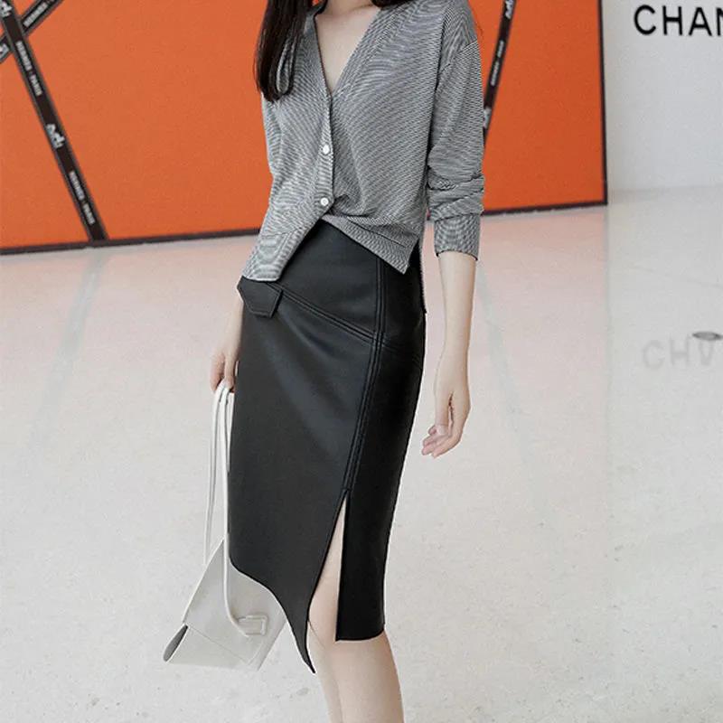 Design Skirt Women's High Waist Irregular Side Slits Slim Slimming Hips Mid-length All-match PU Leather Skirt
