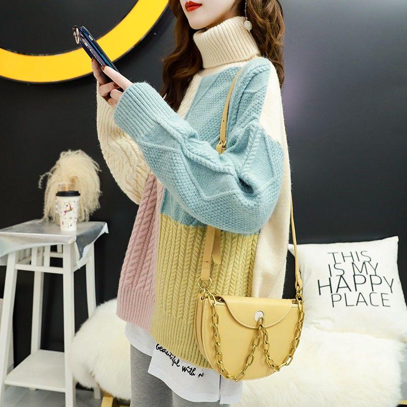 Autumn/winter Turtleneck Sweater Women Loose Thick Warm Color Block Sweater Coat Outer Wear Knit Jumper Pullover