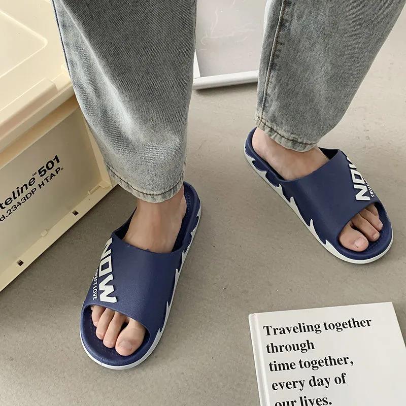 Man's Summer Slippers Anti-slip Indoor Bathroom Flat Slippers Female Soft Sole Letter Print Solid Slippers