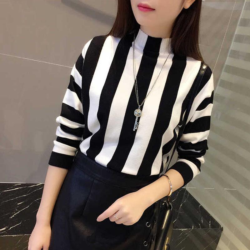 Striped Turtleneck Pullover Women Winter Thick Sweater Contrast Korean Knitwear Knitted Sweater Top
