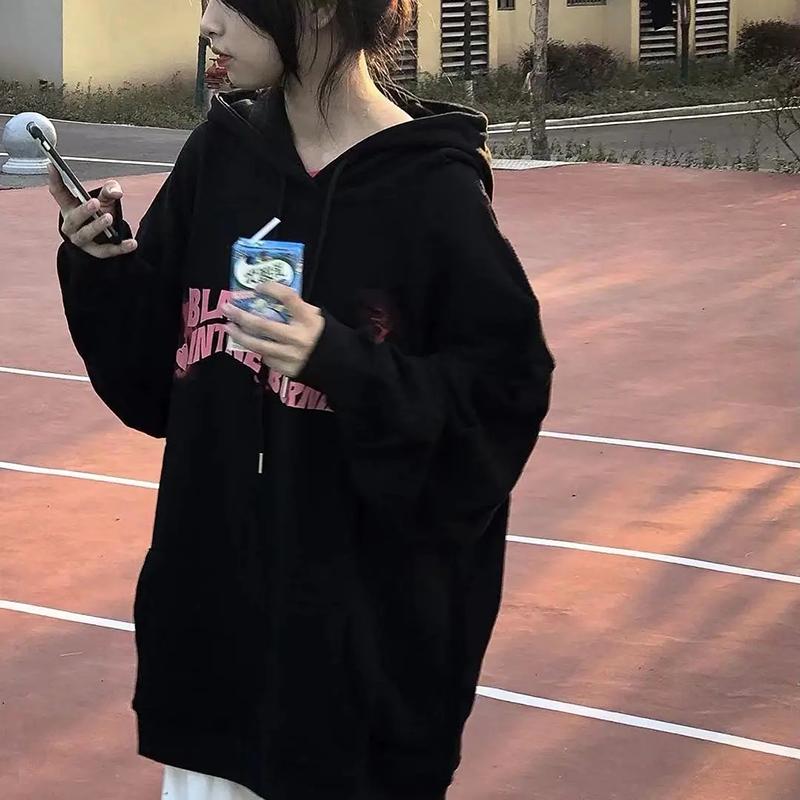 Women Hoodies Sweatshirts Black Pink Hooded Pullover Hoodies Oversized Streetwear Fashion Sweatshirts Autumn Winter Thick Fleece Top Clothes Hip Hop