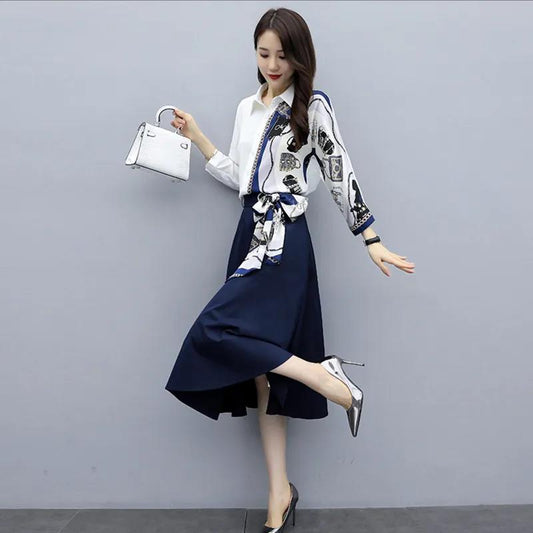Printed Temperament Age-reducing Dress Suit Spring Women's Long-sleeved Shirt + Skirt Two-piece Suit Can Be Worn To Work