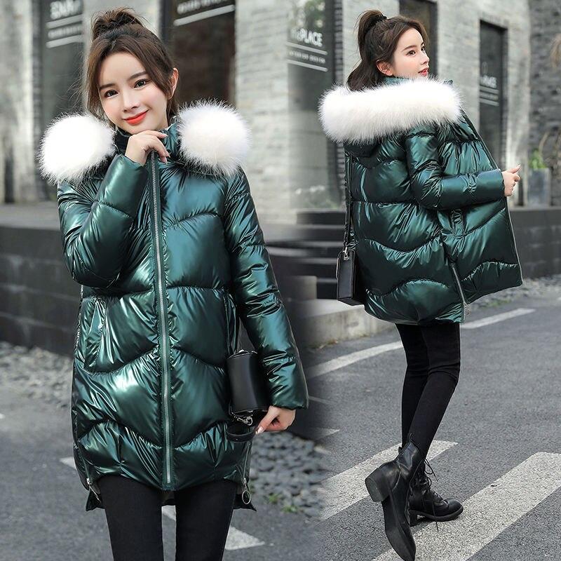 Women Thickened Bright Bread Down Parka Coat Loose Pink Silver Hooded