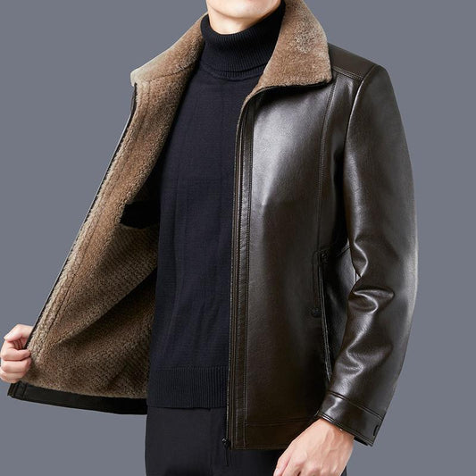 Young Men's Slim Men's Leather Jacket  Fashion Plus Velvet Thick Lamb Wool Jacket