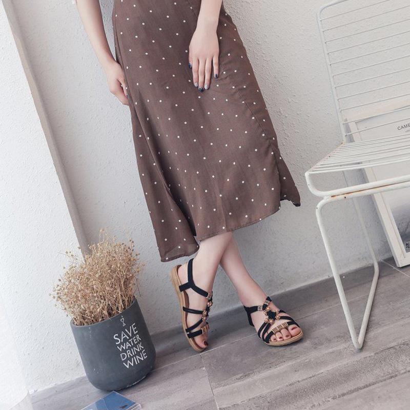 Bohemian Beaded Elastic Band Tendon Sole Beach Flat Heel Flat Shoes Women's Open Toe Sandals