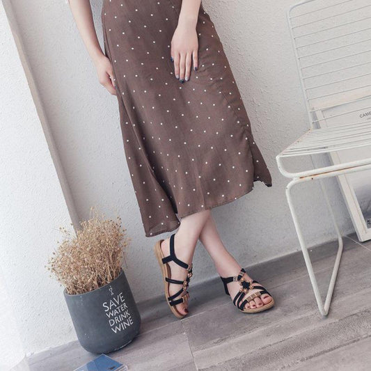 Bohemian Beaded Elastic Band Tendon Sole Beach Flat Heel Flat Shoes Women's Open Toe Sandals
