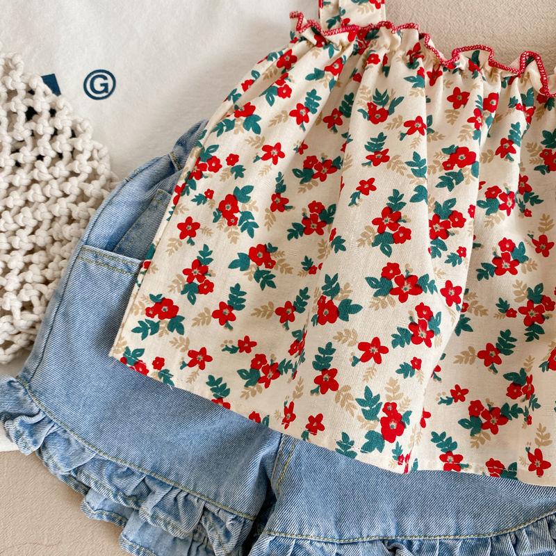Girls' Suit Summer Fashion Girl Baby Korean Style Comfortable Western Style Sling Cute Shorts Two-piece Suit