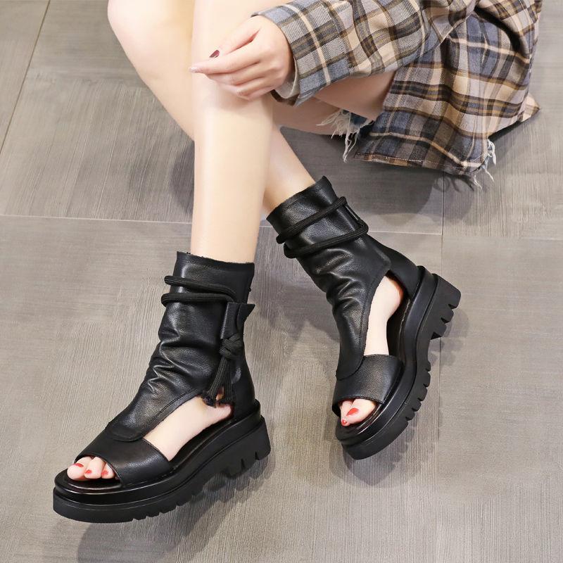 Women's Soft Leather Flat Sandals Platform Fish Mouth Sandals Mid-heel Casual High-top Roman Shoes