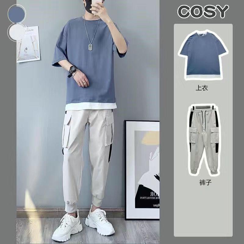 Summer Boys' Suit with Short-sleeved T-shirt and Loose Overalls