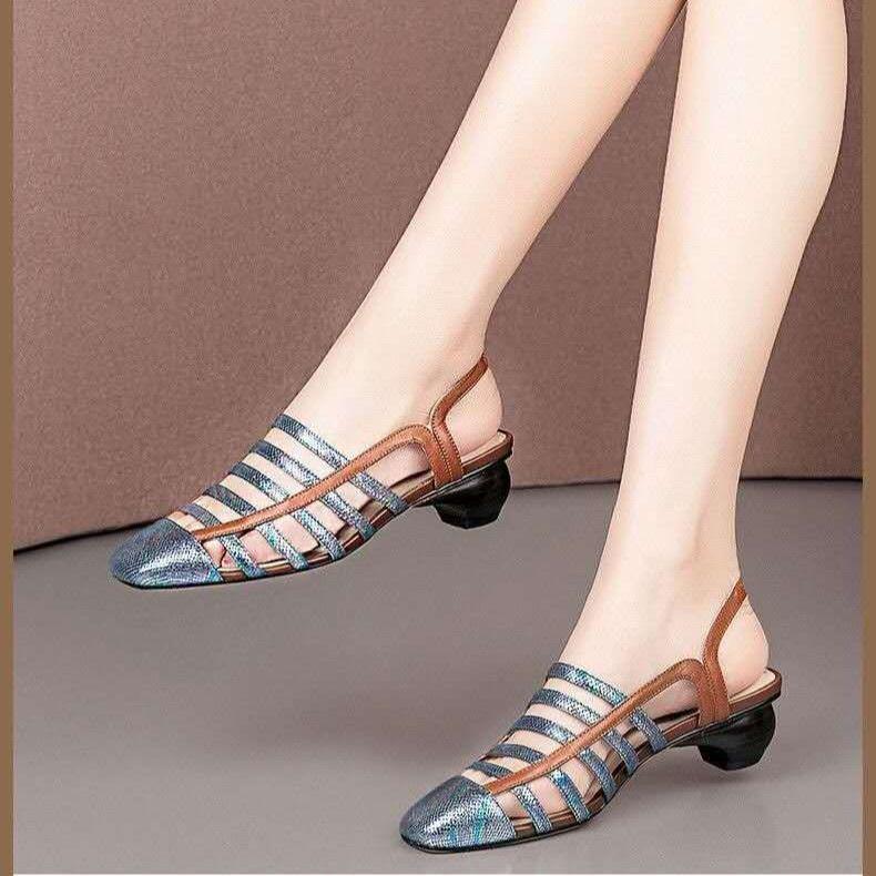 Thick Heel Sandals Women's Soft Leather Fish Pattern Shoes Roman Shoes Color Matching Hollow Word Buckle Women's Shoes Thick Bottom Sandals