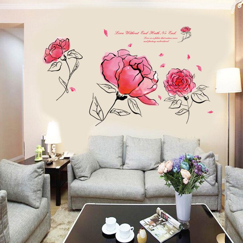 Pink Peony Flower Wall Stickers For Living Room Home Decoration Bathroom Glasses Stickers Wallpaper