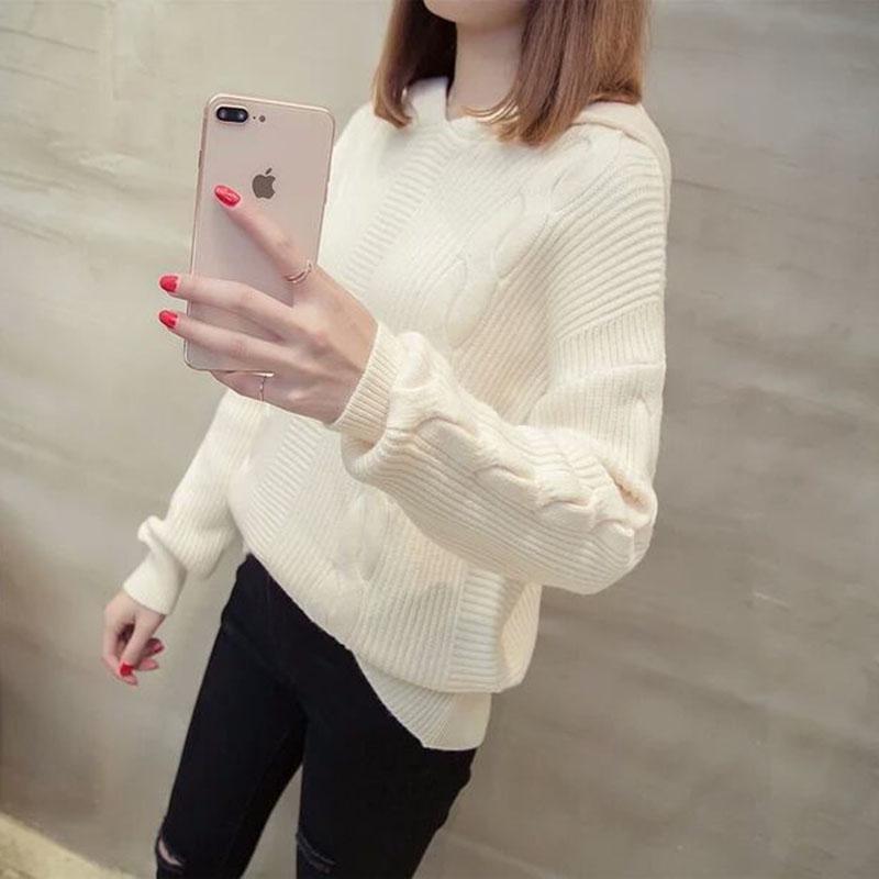 Sweater Women Autumn Winter V-Neck Solid Color Hooded Sweater Solid Color Pullover Knitted Sweater