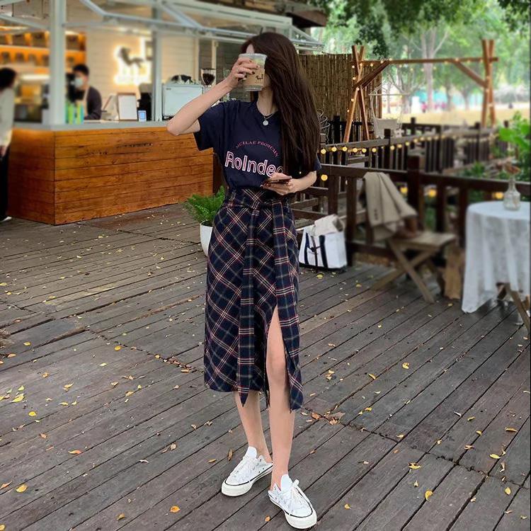 Split Women Plaid Skirt Female High Waist A-line Mid-length Half Skirt Thin Daily Student School