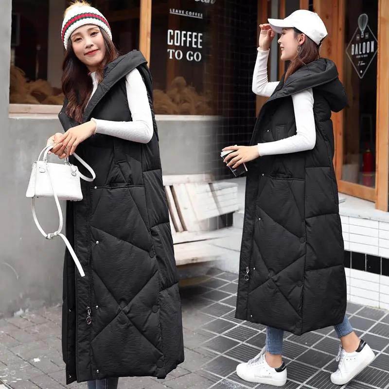 Women Winter Warm Hooded Long Down Cotton Vest Jacket Solid Color Thicken Overknee Waistcoat