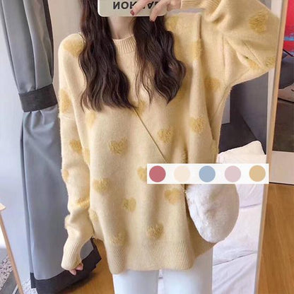 Women Knitwear O-Neck Loose Simple Color Cherry or Heart Print Sweater Pullover Jumper Top