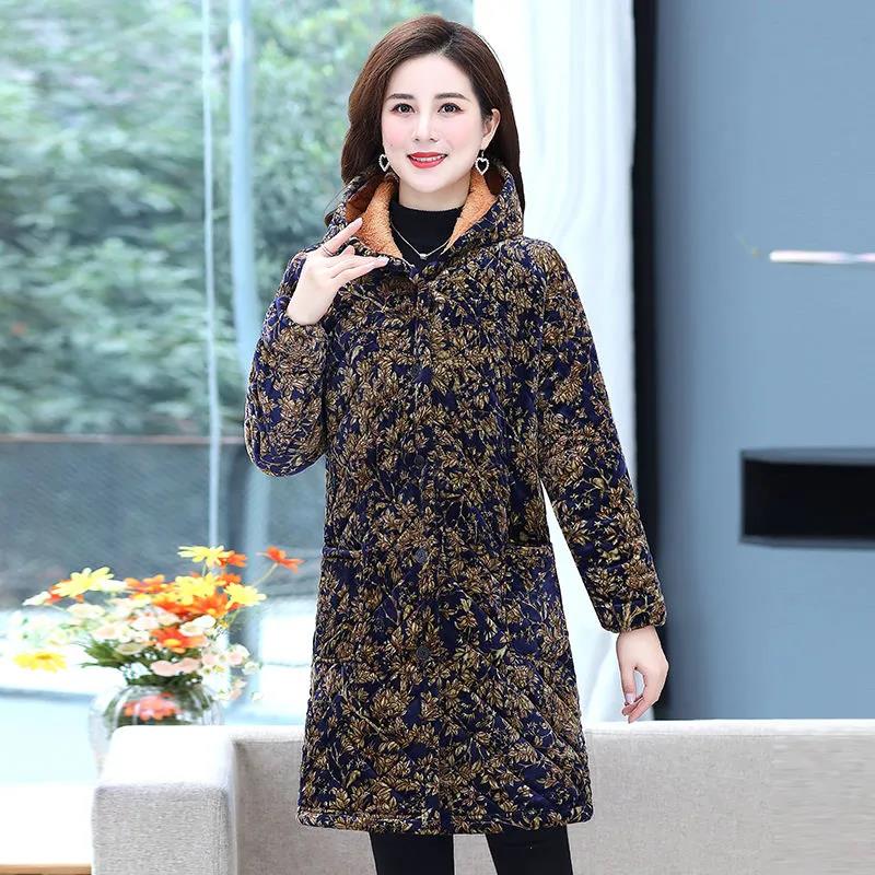 Winter Padded Jacket Chinese Style Printed Hooded Down Jacket Plus Velvet Padded Mid-length Padded Coat