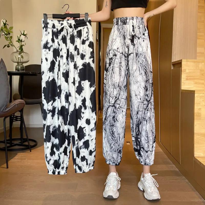 Ice Silk Ink Painting Sports Pants Women's Summer Loose and Thin Plus Size Harlan Casual Trousers