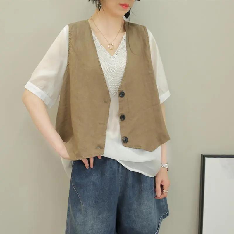 Spring and Summer Loose Cotton Waistcoat Cardigan Women's Air-conditioning Shirt Thin Vest Coat