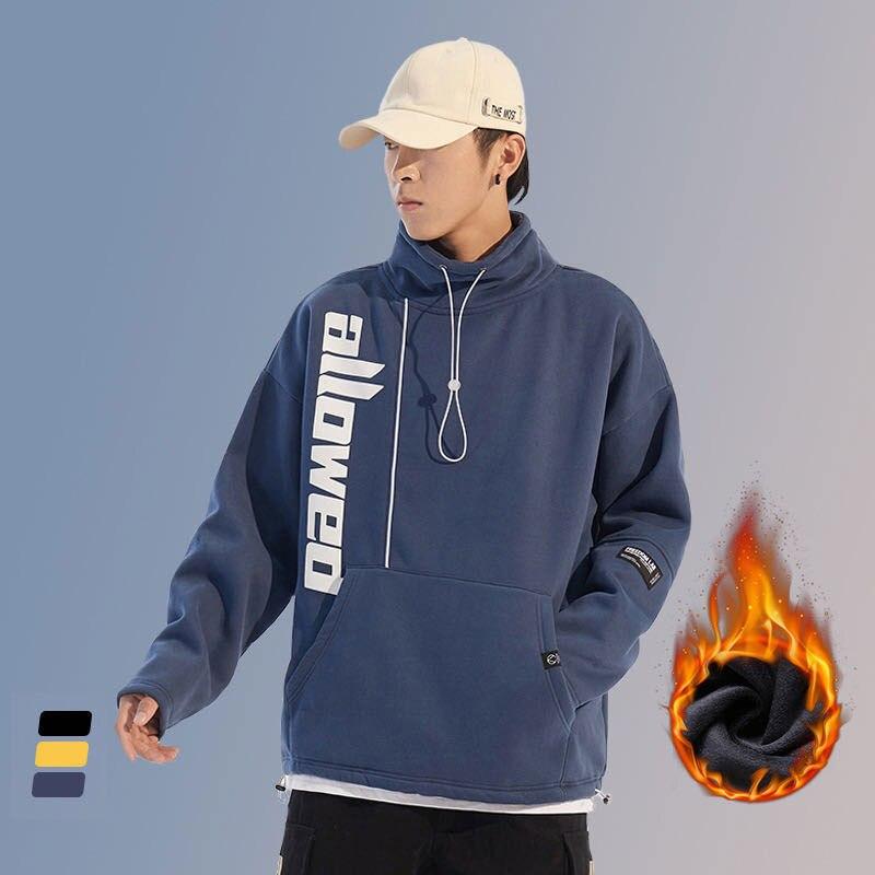 Youth Men Streetwear Fleece Hoodies Imitated Mink Wool Pullover Winter Big Pocket Sweatshirts Casual Turtleneck Tops