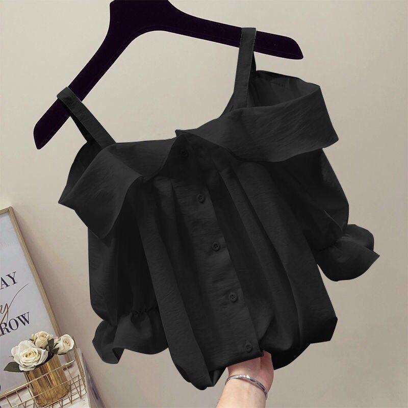 Sling One-shoulder Blouse Women's Ruffled Mid-sleeve Off-shoulder Shirt Chiffon Shirt Off-shoulder Sling Shirt Sweet and Cute
