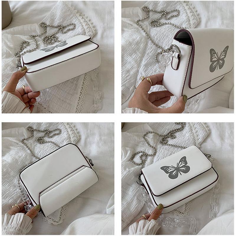 Butterfly Print Chain Shoulder Bags Casual Female Crossbody Bags Portable PU Leather Multi-Layer Transparent Chain Handbag