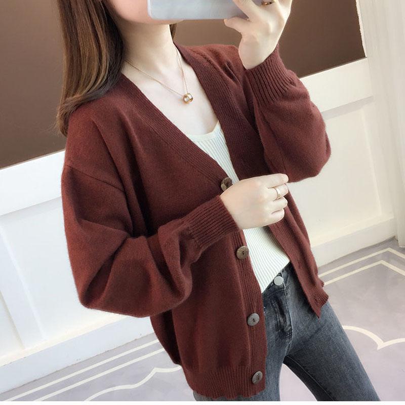 Spring and Autumn Knitted Tops European and American Style Loose Solid Color Sweater Cardigan Middle-aged Female Jacket