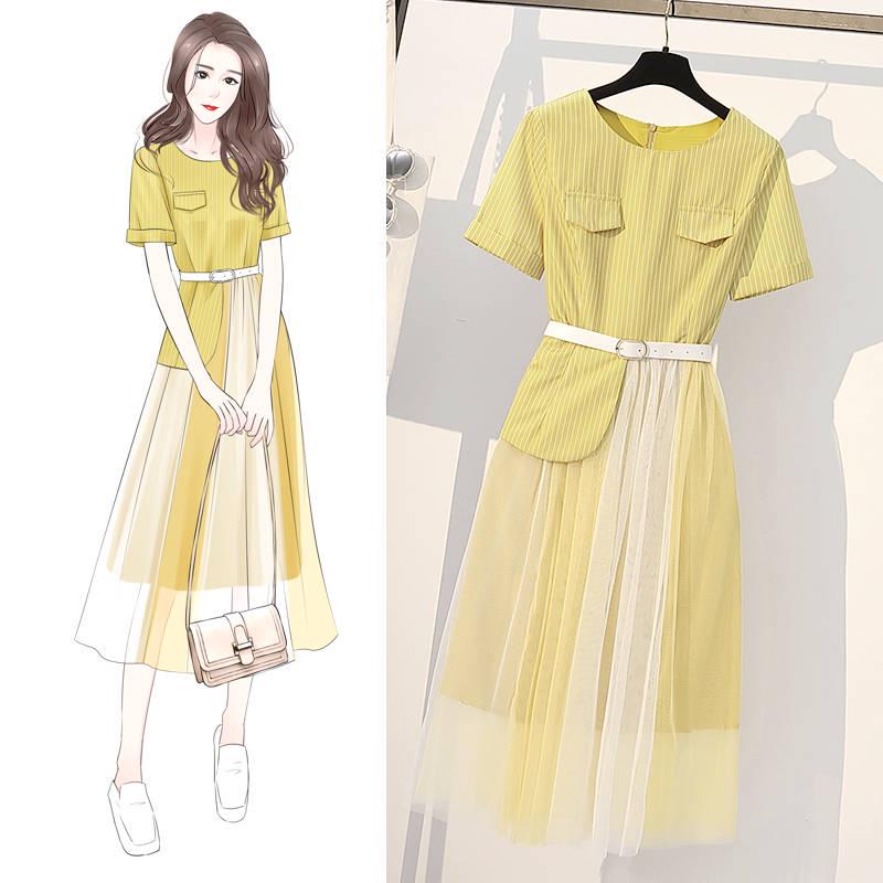 Pofulove Summer Plus Size Dress Female Slim Mesh Stitching Dress with Belt Long Maxi Dress Party